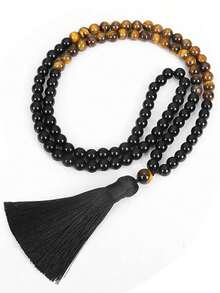 Mala 108 Beads Necklace 8mm Black Onyx Tiger Eye Protection Tassel Long Necklace Bohemian Style Meditation Prayer Rosary Jewelry For Women Men - Multicolor - View 7