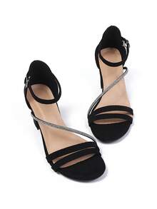 2026 Summer New Fashion Versatile Elegant Rhinestone Embellished Chunky Heel Strap Sandals, Suitable For Office And Commute - Black - View 6