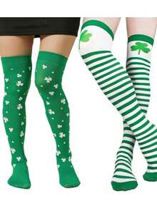 Meias de Joelho do Dia de São Patrício Trevo Meias Longas Meias Engraçadas Femininas, Meias de Joelho Verdes com Trevo Dia de São Patrício Meias Listradas para Festa, Meias de Fantasia, Meias de Festa - Multicolorido - Visão 4