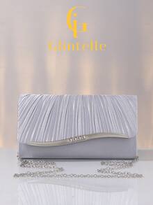 Glintelle 1pc Silver Fashion Korean Style Women's Metal Edged Elegant Evening Bag With Magnetic Closure, Shoulder Bag & Clutch - Silver - View 9