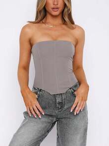 Womens Solid Tube Top, Slim Fit Tie Back Off Shoulder Sleeveless Crop Top For Summer Streetwear - 灰色 - 查看 3