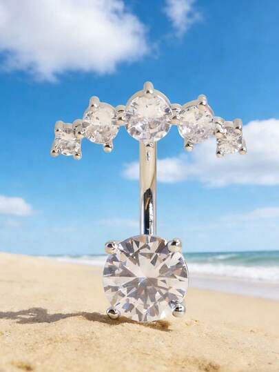 1pc 14G 1.6mm Double Gem Navel Ring, Fashion Piercing Accessory