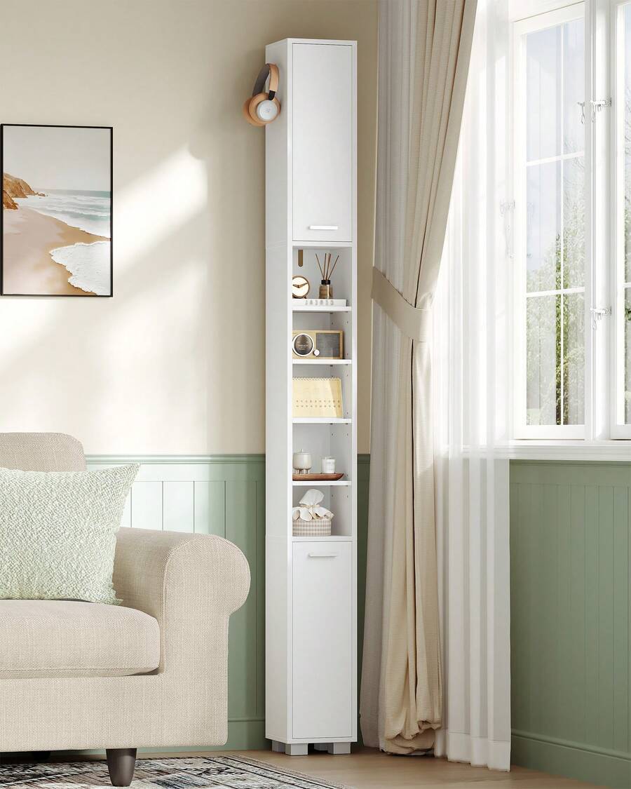 HaluPeit Bathroom Cabinet, Narrow Tall Bathroom Cabinet, Bathroom Tall Cabinet With 2 Storage Baskets, Adjustable Shelves, Open Compartment And Door, 20 * 20 * 200 Cm, White - 白色 - 查看 1