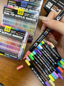 新款狼纹双头双色丙烯马克笔,12/24/36/48/60/84/120支套装,每支笔包含24/48/72/96/120/168/240种颜色,适用于各种绘画和艺术创作 - 彩色 - 查看 11