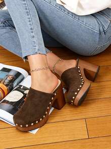Slingbacks Mules Pumps Suede Slip On Chunky High Heel Slippers Women Rivet Fashion Cosplay Casual Shoes Woman Wedding Day Gift - màu nâu - Xem 3