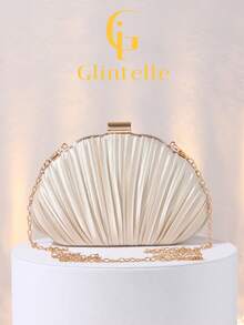 Glintelle 褶皱缎面盒形手拿包，正式晚宴包，配有金属链条肩带，适合派对、浪漫婚礼、盛大晚宴、夜总会、盛装打扮、女士礼物，可装手机、化妆品、口红、硬币等。 - 杏色 - 查看 6