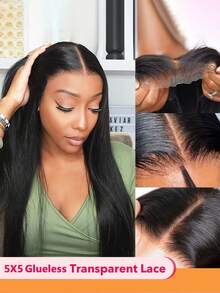 5x5 Lace Front Wig, 100% Human Hair, Pre-Plucked, Transparent Lace, Women, 150% Density, Virgin Hair - Black - View 3