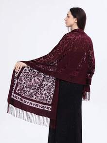 1 chiếc khăn choàng nữ màu trơn bằng nhung dệt jacquard họa tiết lá, có tua rua, kiểu dáng thời trang và thanh lịch, phù hợp cho mặc hàng ngày, dự tiệc và mọi mùa. - nhiều màu - Xem 3