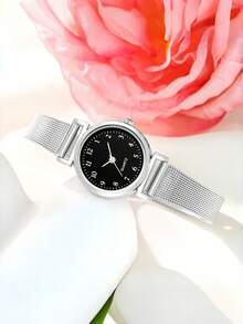 1PC 时尚休闲女士石英表，精致优雅的圆形指针，不锈钢表带，女士时钟。