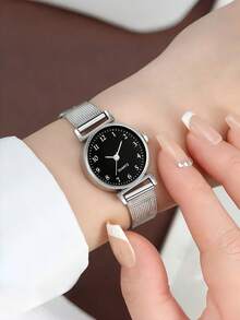 1PC 时尚休闲女士石英表，精致优雅的圆形指针，不锈钢表带，女士时钟。