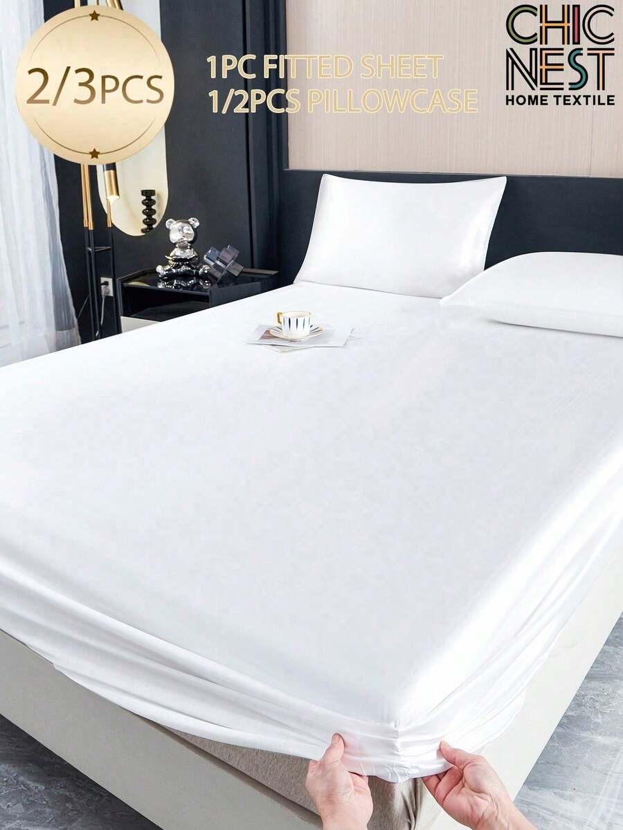 2/3pcs Solid Color White Satin Fitted Sheet Set Simulation Silk Fitted Sheet Set With 1pc Fitted Sheet+1/2pcs Pillow Case Without Filler, Modern Soft Bedding Set For Household King Queen Full Twin Size  Sheet Bedspread Deep Pocket Up To 11.8 Inch Breatheable Wrink-Free Better For Sleep, Machine Washable - White - View 1