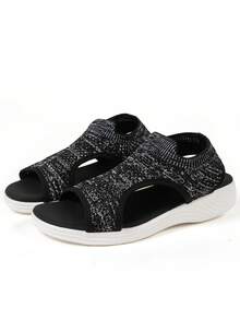 New Casual Plus Size Women Sports Sandals, Lightweight Slip-On Comfortable Fashion Mesh Breathable Flat Beach Sandals, Thick Sole Platform Wedge Shoes, Stylish Holiday Shoes (Run Small Size) - Black and White Flowers - View 6
