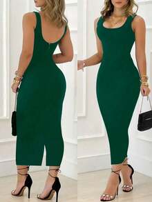 Vestido ajustado elegante, sin mangas y con diseño de espalda descubierta, adecuado para ocasiones de primavera/verano, tela de mezcla de poliéster lavable a máquina - Verde Oscuro - Ver 4