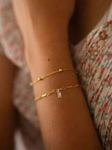 Nooxian 2pcs/Set Women's Fashion Minimalist Multi-Layer Gold Cross Chain Geometric Cubic Zirconia Copper Pendant Bracelets, Suitable For Women's Daily Casual And Holiday Wear - Yellow Gold - View 1