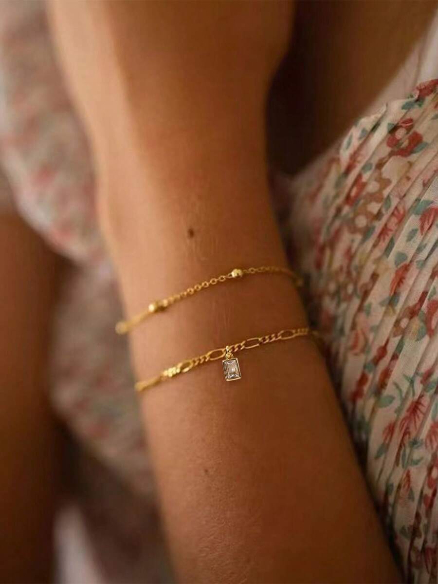 Nooxian 2pcs/Set Women's Fashion Minimalist Multi-Layer Gold Cross Chain Geometric Cubic Zirconia Copper Pendant Bracelets, Suitable For Women's Daily Casual And Holiday Wear - Yellow Gold - View 1