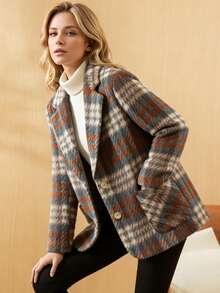 女士加厚格纹西装外套，休闲时尚风，高品质，2025秋冬新款 - 紅藍格 - 查看 4