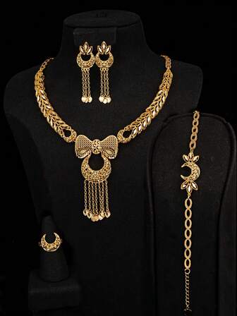 Set de 5 piezas de collar babero con forma de media luna y moño, chapado en oro de 18K, estilo romántico francés de lujo de Dubai, regalo para novia, boda, fiesta y vacaciones, set de joyería con borla en forma de corazón