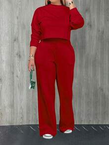 Lässiges Outdoor 2 Stücke Set, einfarbiges 2 Stücke Set, kapuzentragendes 2 Stücke Set, elegantes, sexy, atmungsaktives, bequemes, lässiges 2 Stücke Set, geeignet für Ball, Party, Reise, Zusammenkunft - Rot - Übersicht 3