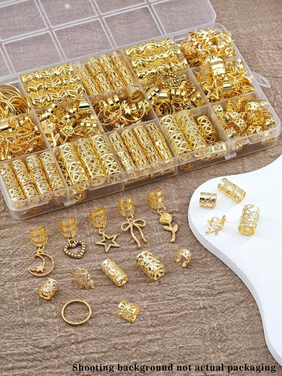 70pcs Gold-Tone Hair Accessories Set, Includes Star, Moon, Rose, Heart Pendant Decorations, Suitable For Braiding, Alloy Hair Clips, For Women, Baroque Style Decor For Party & Photography, Claw Clips, Hair Slide, Hair Barrettes - Gold - View 1
