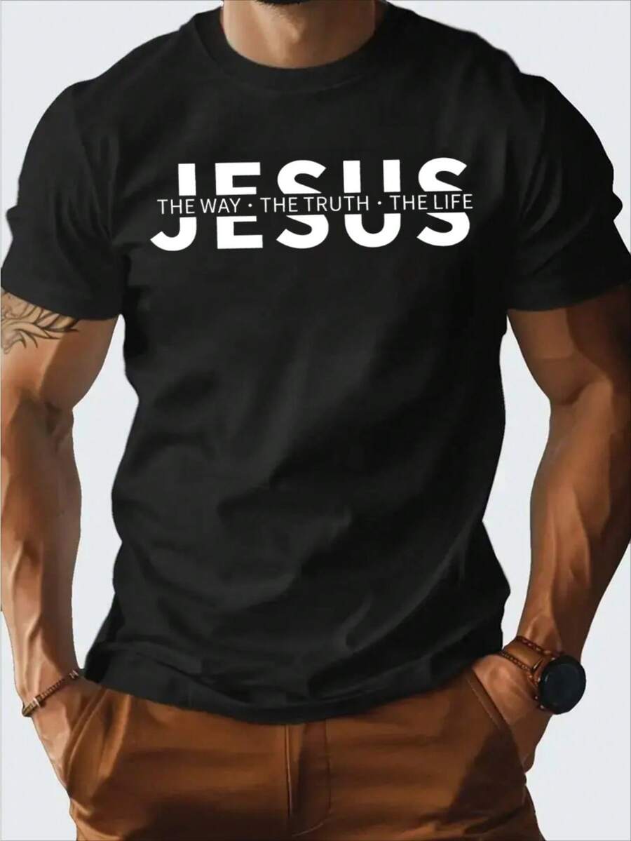Men Christian Faith T-Shirt Navy Blue Jesus The Way The Truth The Life John Bible Verse Tee Soft Breathable Cotton Church Shirt For Worship Casual Attire Gym All-Season Spiritual Apparel For Men Bold Text Design Comfortable Fit - màu đen - Xem 1
