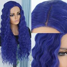 Blue Curly Lace Front Wigs Blue Lace Wig Glueless Hair Long Deep Wave Synthetic Lace Front Wig Pre-Plucked Hairline Red Wigs For Women - 藍色 - 查看 2