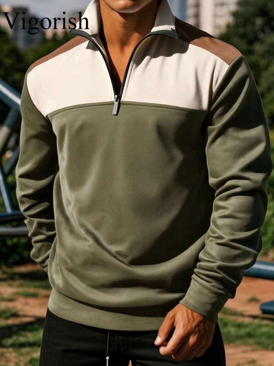 【四季皆宜】男士四分之一拉链立领撞色抓绒针织休闲日常长袖卫衣 冬季 - 軍綠色 - 查看 1