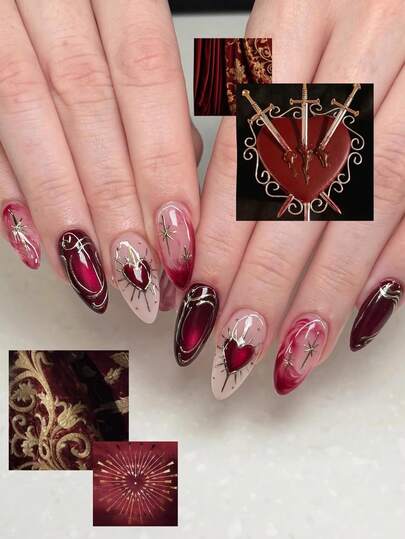 Alla hjärtans dag hjärtformade akrylnaglar 24 st holografiska medelstora mandelfärgade press-on nageltippar, Y2K röda kattögonnagelset, DIY-konst silverkrom/stjärndekorationer, lämplig för nagelsalonger flickor och kvinnor nageltillbehör dagligt bruk, högtidsfester och presenter