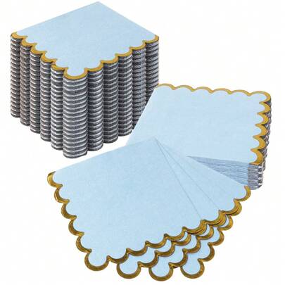 25pcs/Set, 50pcs/Set, 75pcs/Set Cream Blue Solid Color Platinum Foil Wavy Thick Soft Absorbent Party Napkins, 2-Ply Soft Paper Napkins, Unfolded Size 24cm*24cm, Suitable For: Wedding, Tea Party, Birthday Party Decoration Napkins, Party Decorations, Party Supplies, Holiday Decorations, Holiday Supplies
