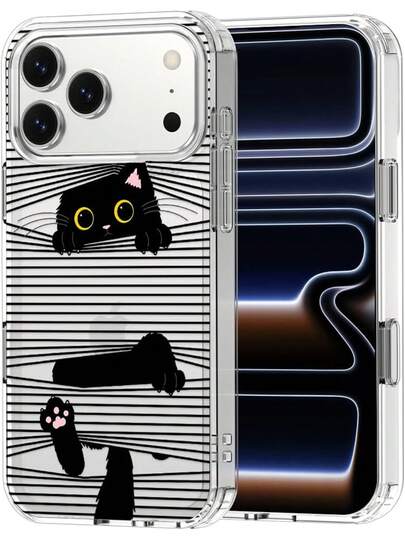 1 schwarze Katze Handyhülle kompatibel mit iPhone 17 Pro Max, kompatibel mit iPhone 17 Air 16 15 14 13 12 11 Pro Max Plus, militärische Fallprüfung bis 2 Meter | unterstützt Kamerasteuerung | transparenter Boden, weiche TPU Rückseite, verstecktes schwarzes Katzenmuster