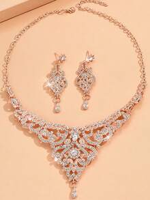 Juego de joyería de 3 piezas con adornos de strass en estilo europeo de lujo para mujeres, incluye aretes y collar clásicos, adecuado para bodas, fiestas y uso diario - 6587-Oro rosa - Ver 17