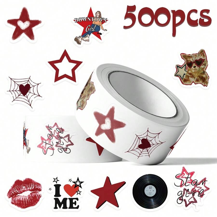 500 قطعة/لفة ملصقات فتيات موسيقى مدينية عصرية Y2K، ملصقات زخرفية مقاومة للماء للاستخدام على الجيتار والطبلة والسكيت بورد والكمبيوتر المحمول وزجاجة المياه والحقائب والهاتف وغيرها - متعدد الألوان - مشاهدة 1
