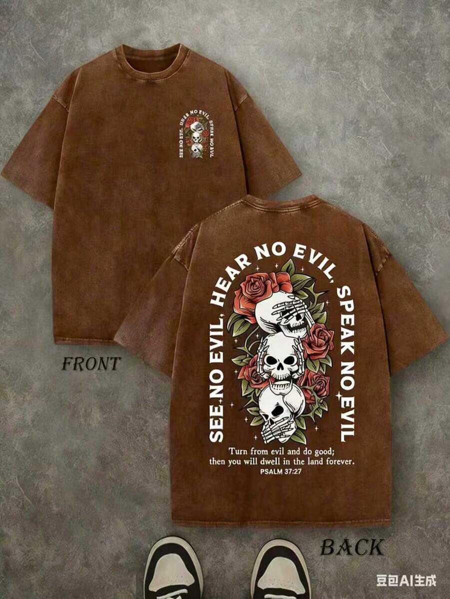 Retro Washed T-Shirt Double Sided Printed (230 Pure Cotton T-Shirt) 'SEE NO EVIL, HEAR NO EVIL, SPEAK NO EVIL' PSALM Letter And Pattern Print, Christian Gift, Men's T-Shirt, Men's Casual, Comfortable, Fashionable T-Shirt, Street Style Cotton Unisex Plus Size Top - 咖啡棕 - 查看 1