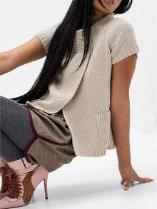Womens Spring Summer Short Sleeve Cardigan Sweaters  Crew Neck Button Down Ribbed Knit Outwear Y2k Clothes - Beis - Ver 4