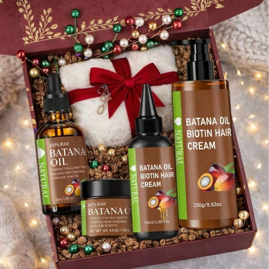 4-Piece Set: Honduras Batana Hair Oil + Batana Hair Serum + Batana Hair Cream + Batana Hair Lotion, Cold-Pressed Extract, Nourishes Scalp And Hair, Enriched With Biotin, Strengthens Hair Strands, Prevents Breakage And Split Ends, Suitable For All Hair Types, Makes Hair More Beautiful And Alluring.