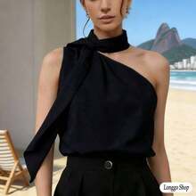Made From Lightweight And Comfortable Linen, Perfect For The Brazilian Climate. The One-Shoulder Design With A Neck Tie Adds A Chic Touch Without Being Over The Top – Ideal For Combining Sophistication In The Office, And Also For Going Out With Friends After Work. It Easily Pairs With Trousers, Skirts Or Shorts, Making It A Versatile Piece That No Modern Woman's Wardrobe Should Be Without! - 黑色 - 查看 7