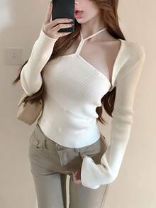 秋冬甜美简约杏色女士毛衣及无肩带针织短款外套两件套，适合外出、约会、下午茶等场合。 - 杏色 - 查看 5