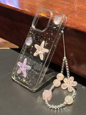 1 pieza Estuche de teléfono de 2 en 1 con accesorio de joyería pulsera de acrílico transparente con textura en forma de estrella de mar, apto para iPhone 11 12 13 14 15 16 17 Pro Max