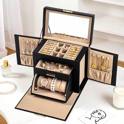 CASEGRACE 1pc Synthetic Leather Huge Jewelry Box, 3-Tier Jewelry Box Organizer With 1 Drawers, Mirrored Watch Organizer Necklace Ring Earring Storage Lockable Gift Case, Jewelry Storage Case For Women Girls