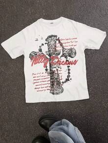 Boys & Teens' Casual Graphic Print Round Neck Short Sleeve T-Shirt, Summer Top - White - View 1