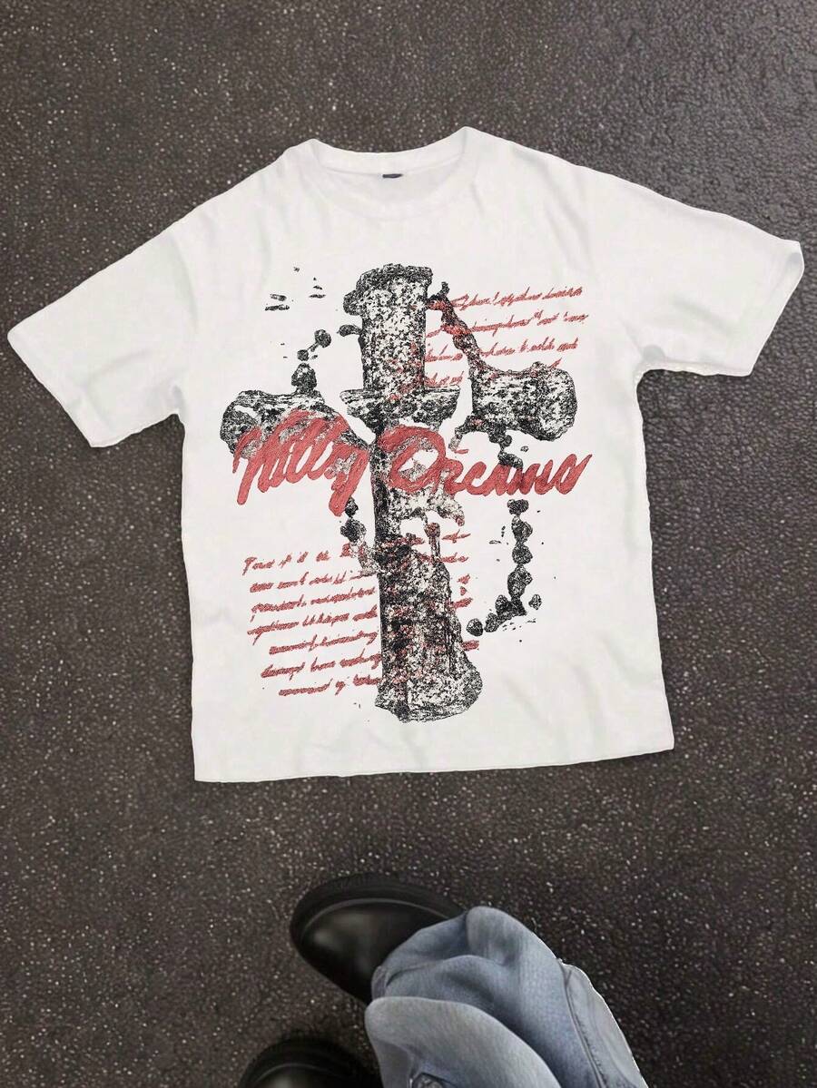 Boys & Teens' Casual Graphic Print Round Neck Short Sleeve T-Shirt, Summer Top - White - View 1