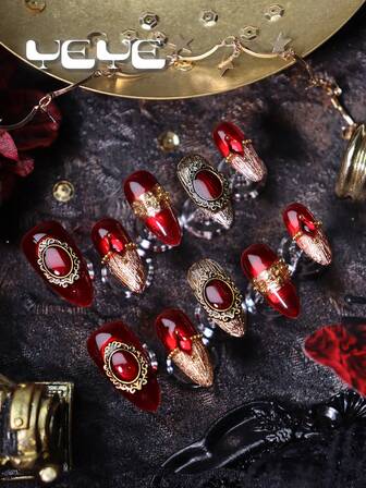 10片/套 女士秋季假指甲，红金配色，酒红色，金色，3D装饰，铬元素，红宝石，美甲宝石，豆形，水钻装饰，异域风情手工美甲用品，优雅设计，优雅全覆盖杏仁形假指甲，包含1片果冻胶和1个指甲锉，适合女性和女孩，新年快乐，节日，日常和派对美甲。