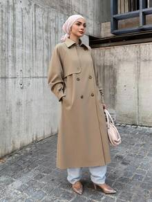 DAZY Abrigo casual largo de doble botonadura de unicolor, chaqueta de otoño para mujer - Caqui - Ver 5