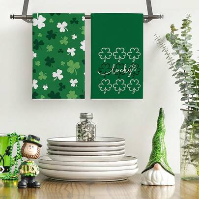 2/4pcs Green Clover, Clover Lucky Saint Patrick's Day Kitchen Towel, Seasonal Decorative Towel