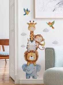 1pc Animal Tiger Lion Background Wall Sticker, Children's Room Giraffe Self-Adhesive Wallpaper - Multicolor - View 3