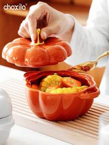 1 st pumpaformad keramisk skål med lock - Lämplig för soppa, gryta, sallad, dessert, kök och matsal - Pumpasoppa i skål - Visa 3