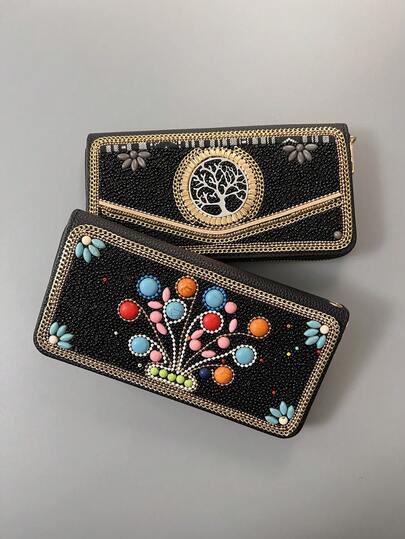 กระเป๋าสตางค์ยาวทำจากวัสดุ PU คุณภาพสูงลายต้นไม้มงคลประดับลูกปัด แสดงถึงงานฝีมือระดับพรีเมียม กระเป๋าคลัตช์สำหรับผู้หญิงประดับลูกปัดระยิบระยับ เหมาะสำหรับเป็นกระเป๋าถือออกงาน สามารถเก็บโทรศัพท์ เงิน กุญแจ และของชิ้นเล็กอื่น ๆ ได้