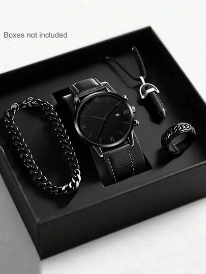 4件套男士时尚石英表，带日期显示，PU表带，锌合金表壳，搭配酷炫手链、项链、戒指套装，模拟显示屏 - 休闲、运动和商务场合的理想之选 - 父亲节、情人节、生日、斋月和新年的完美礼物。