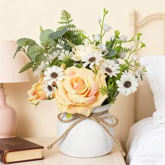 1pc Artificial Yellow Rose & Daisy Potted Plant, Approx. 9.8 Inches. Suitable For Valentine's Day Home Decor, Can Be Placed On Bedside Table, Living Room Coffee Table To Add A Romantic Ambiance; Maintenance-Free, Effortlessly Infuses A Gentle, Fresh Vibe Into Any Space.