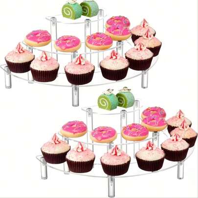 亚克力展示架，非食品接触，三层透明纸杯蛋糕架，半月形弧形亚克力展示架，适用于纸杯蛋糕、香水、摆件等——节省空间的多层派对装饰，适用于生日、婚礼、母亲节等场合。