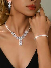 3件套镂空枫叶设计新娘女士时尚水晶项链套装，奢华珠宝套装，适合婚礼、生日礼物、派对。